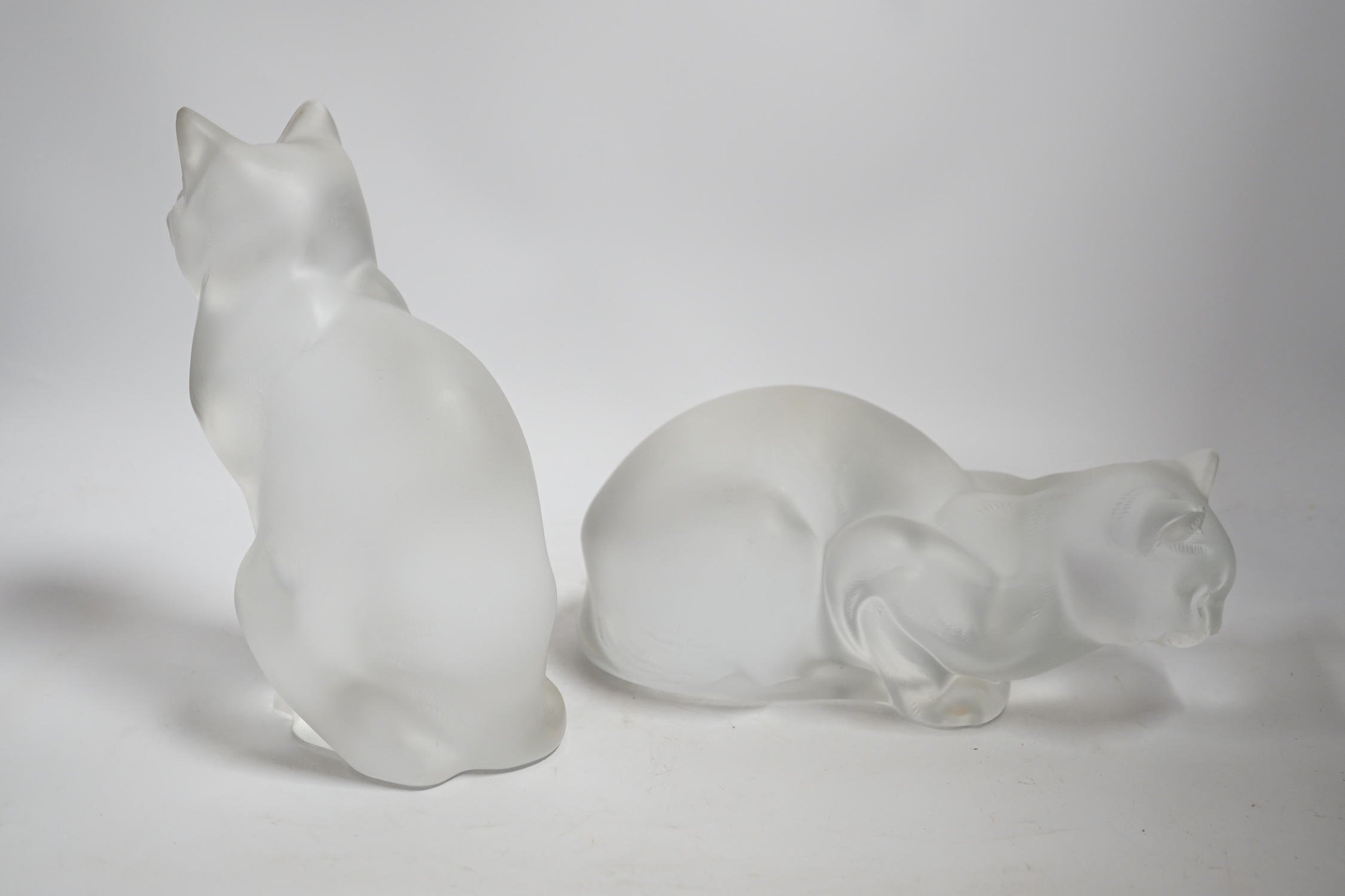 Two lalique glass frosted cats, tallest 21cm